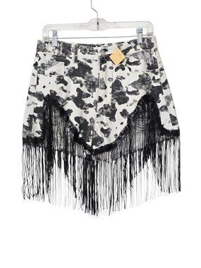 Cow Print Sequin Fringe Distressed Denim Shorts Western Rodeo Festival Medium
